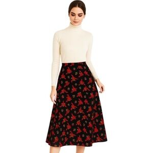 Vintage Holiday Bow & Holly Print Midi Skirt Sz Large Black Red Festive A-Line